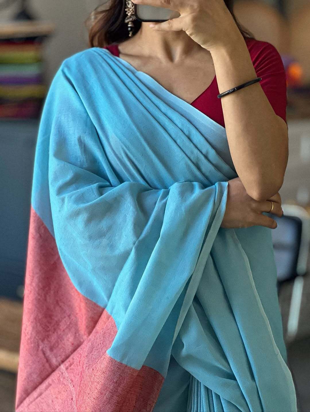 KERALA SKY BLUE KHADI COTTON SAREES - Image 2