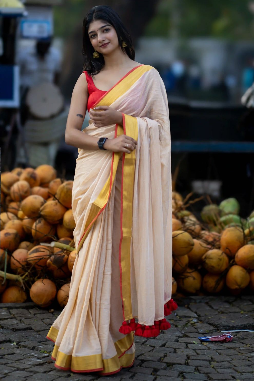 KERALA SANDAL COLOR MUL COTTON SAREES - Image 2