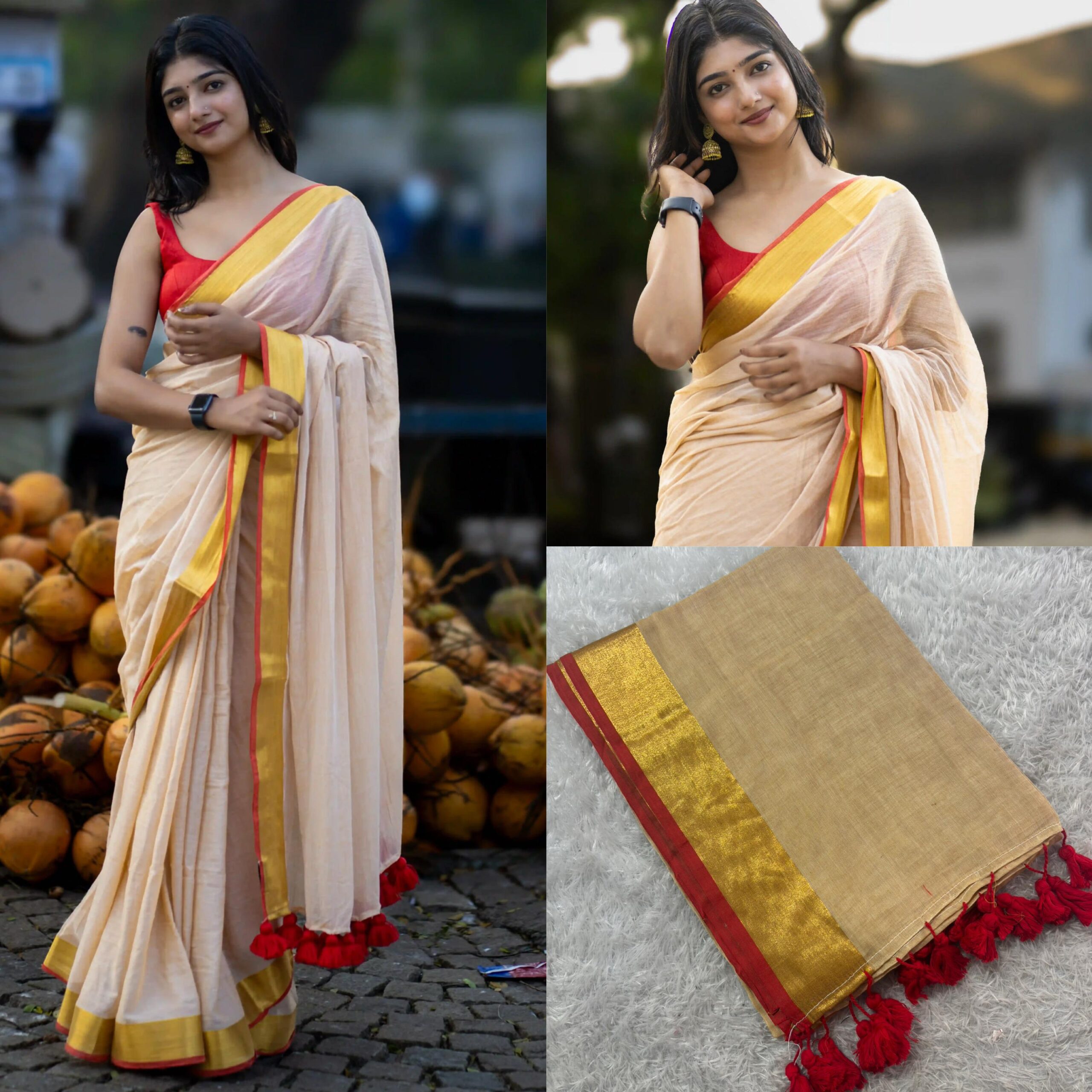 KERALA SANDAL COLOR MUL COTTON SAREES